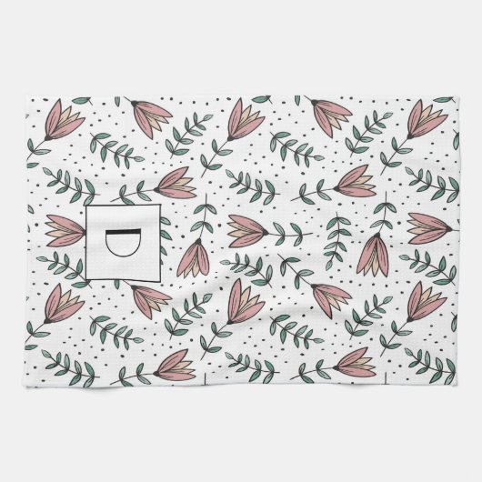Elegant Pink Floral Monogram Theedoek (Horizontaal)