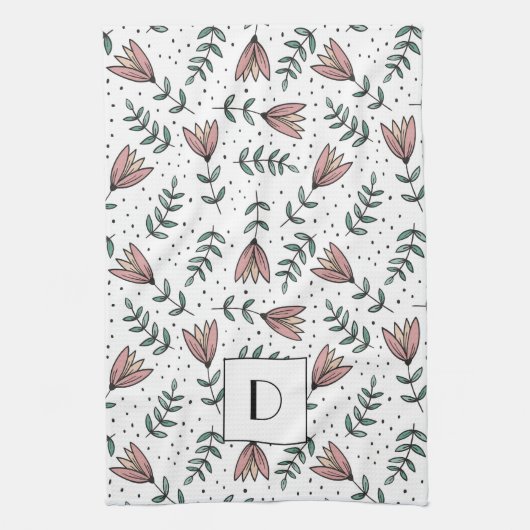 Elegant Pink Floral Monogram Theedoek (Verticaal)