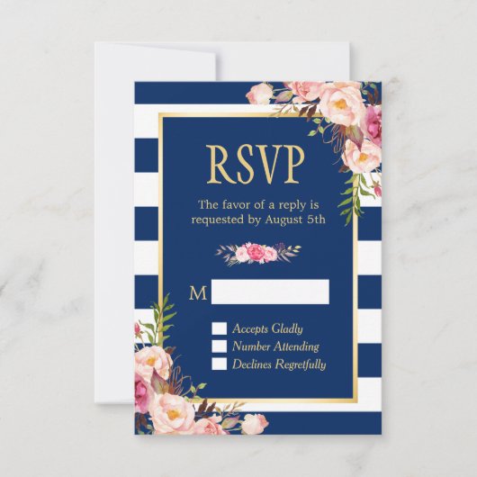 Elegant Pink Floral Navy Blue Stripes Reply RSVP (Voorkant)