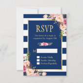Elegant Pink Floral Navy Blue Stripes Reply RSVP Kaartje (Voorkant)