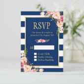Elegant Pink Floral Navy Blue Stripes Reply RSVP Kaartje (Staand voorkant)
