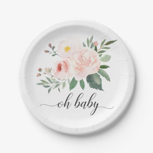 Elegant Pink Floral Oh Baby shower Bord (Voorkant)