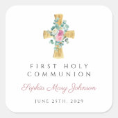 Elegant Pink Floral Peonies Cross First Community Vierkante Sticker (Voorkant)