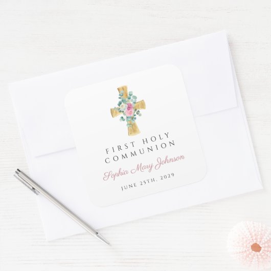 Elegant Pink Floral Peonies Cross First Community Vierkante Sticker (Envelop)