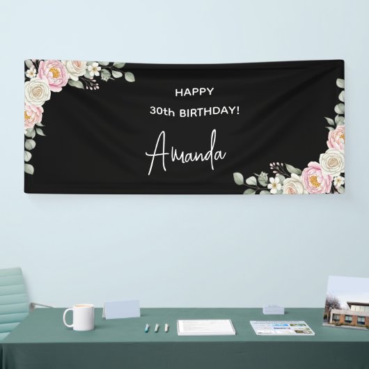 Elegant Pink Floral Personalized Birthday Banner (Beurs)
