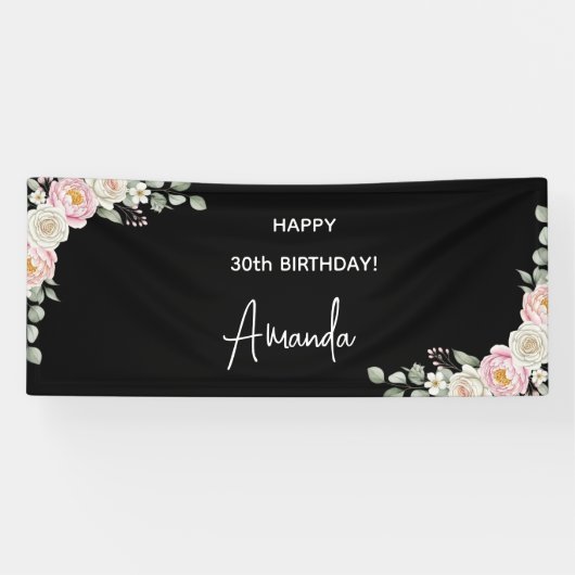 Elegant Pink Floral Personalized Birthday Banner (Horizontaal)