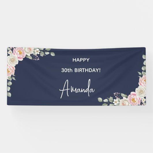 Elegant Pink Floral Personalized Birthday Banner (Horizontaal)