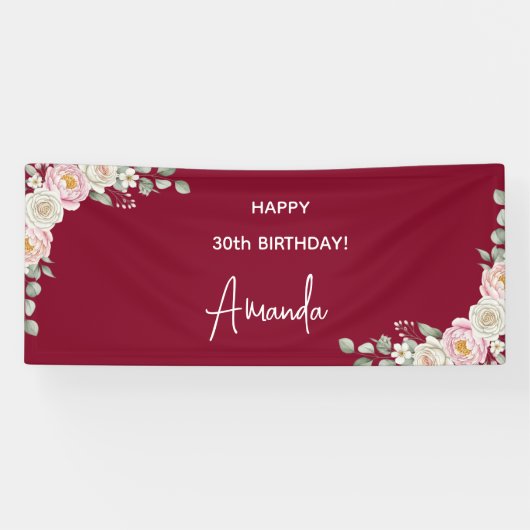 Elegant Pink Floral Personalized Birthday Banner (Horizontaal)