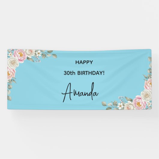 Elegant Pink Floral Personalized Birthday Banner (Horizontaal)
