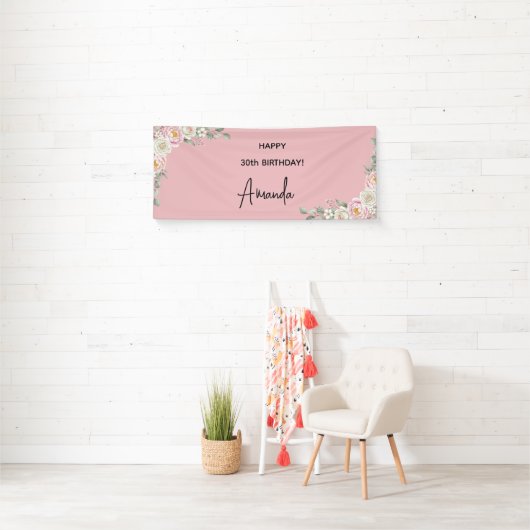 Elegant Pink Floral Personalized Birthday Banner (Insitu)