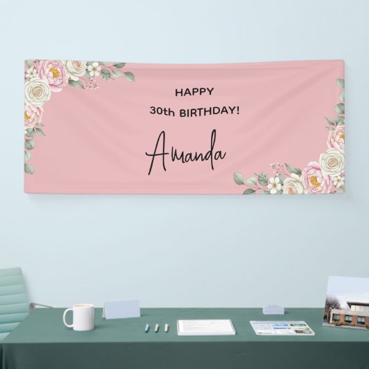 Elegant Pink Floral Personalized Birthday Banner (Beurs)