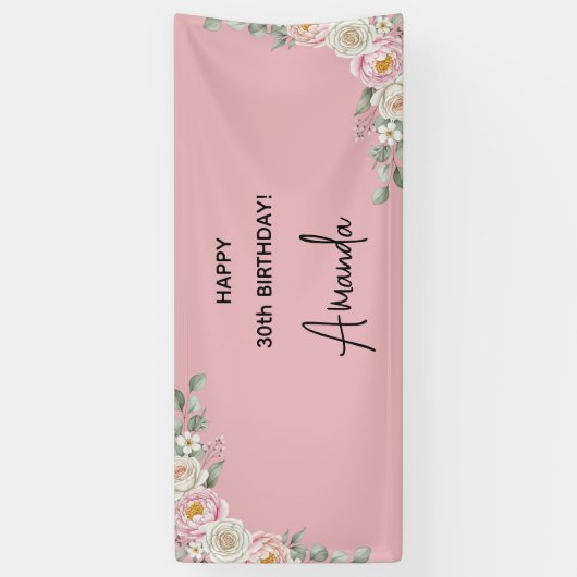 Elegant Pink Floral Personalized Birthday Banner (Verticaal)
