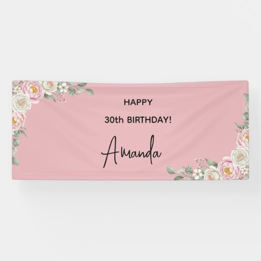 Elegant Pink Floral Personalized Birthday Banner (Horizontaal)