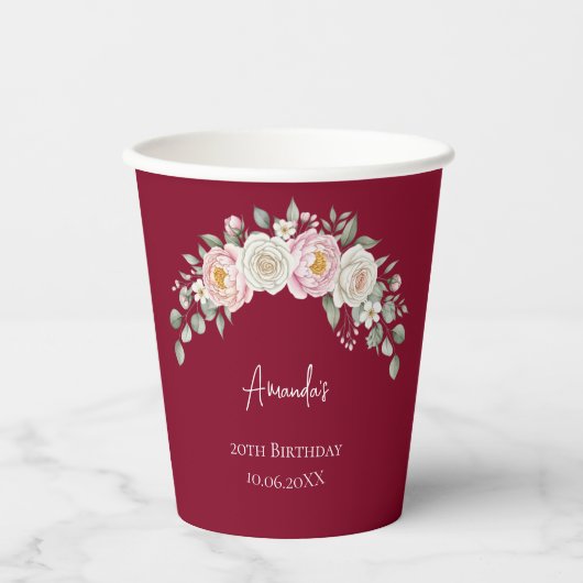 Elegant Pink Floral Personalized Disposable Cup Papieren Bekers (Voorkant)