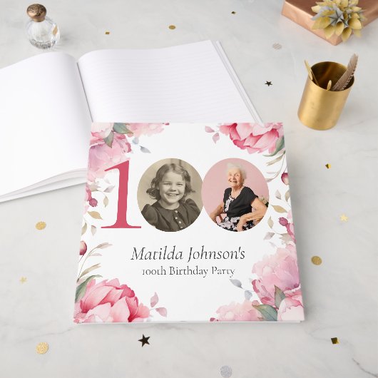 Elegant Pink Floral Photo 100th Birthday Gastenboek (Voorkant open)