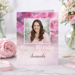 Elegant Pink Floral Photo Birthday for Her  Kaart