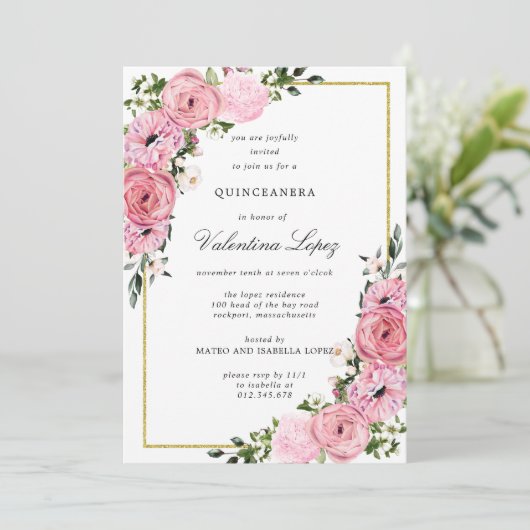 Elegant Pink Floral Quinceanera Kaart (Staand voorkant)