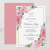 Elegant Pink Floral Quinceanera Kaart (Voorkant / Achterkant)