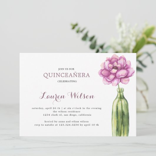 Elegant Pink Floral Quinceanera Uitnodiging (Staand voorkant)