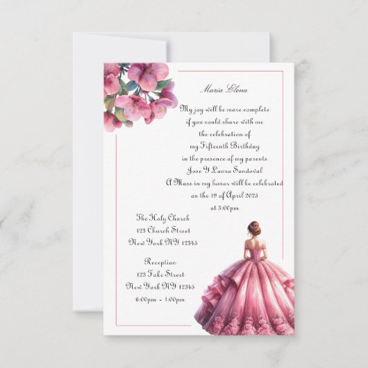 Elegant Pink Floral Quinceañera Uitnodiging (Voorkant)