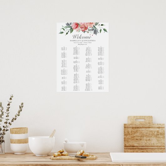 Elegant Pink Floral Quinceañera Uitnodiging Poster (Keuken)