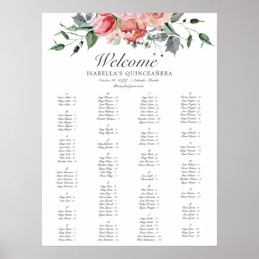 Elegant Pink Floral Quinceañera Uitnodiging Poster (Voorkant)