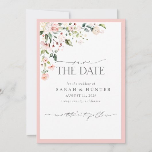 Elegant Pink Floral Script Photo Weddenschap Save The Date (Voorkant)
