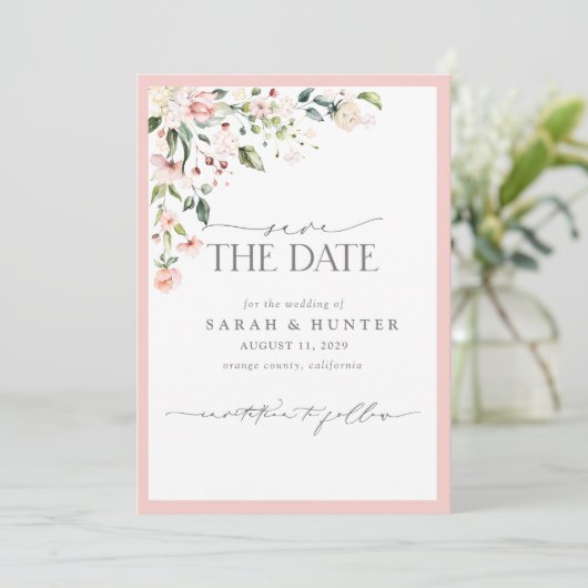 Elegant Pink Floral Script Photo Weddenschap Save The Date (Staand voorkant)