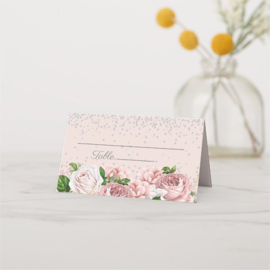 Elegant Pink Floral Silver Glitter Plaatskaartje (Voorkant)