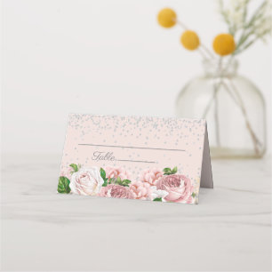 Elegant Pink Floral Silver Glitter Plaatskaartje