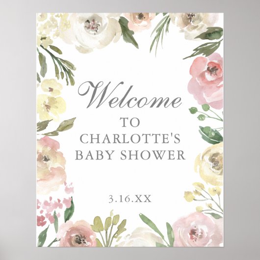 Elegant Pink Floral Spring Baby shower Welkom Poster (Voorkant)