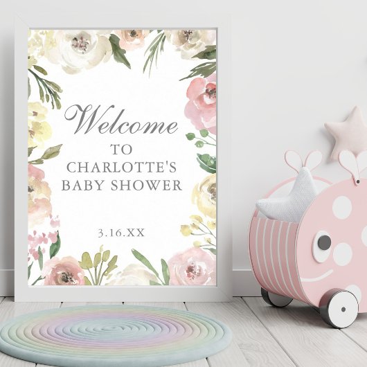 Elegant Pink Floral Spring Baby shower Welkom Poster