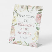 Elegant Pink Floral Spring Baby shower Welkom Reclamebord Met Voetstuk (Voorkant)