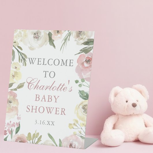 Elegant Pink Floral Spring Baby shower Welkom Reclamebord Met Voetstuk