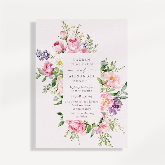 Elegant Pink Floral Spring Wedding Invitation Kaart