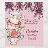Elegant Pink Floral Stacked Teacups Bridal Shower Wijn Etiket (Enkel label)