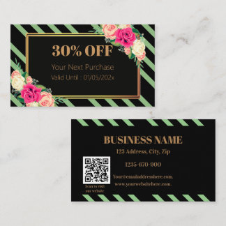 Elegant Pink Floral Stripes QR Code Discount Card Kortingskaartje