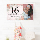 Elegant Pink Floral Sweet 16 Birthday Foto Spandoek (Insitu)