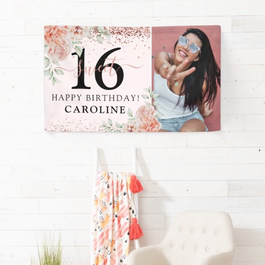 Elegant Pink Floral Sweet 16 Birthday Foto Spandoek (Insitu)