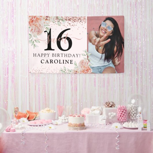 Elegant Pink Floral Sweet 16 Birthday Foto Spandoek (Feest)
