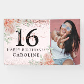 Elegant Pink Floral Sweet 16 Birthday Foto Spandoek (Horizontaal)