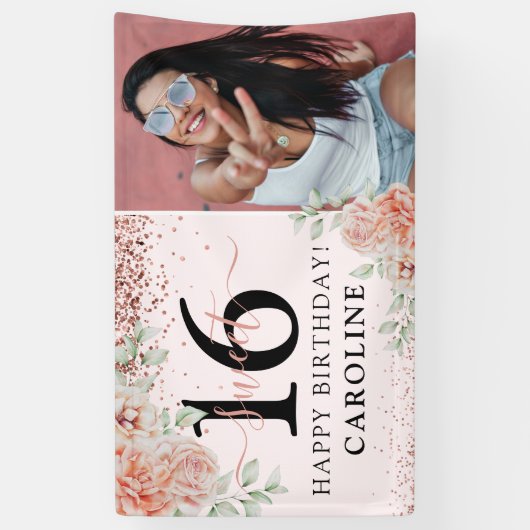 Elegant Pink Floral Sweet 16 Birthday Foto Spandoek (Verticaal)