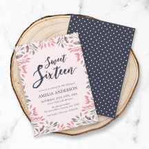 Elegant Pink Floral Sweet 16 Birthday Uitnodiging