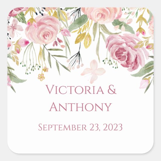 Elegant Pink Floral Typografie Wedding Square Stic Vierkante Sticker (Voorkant)