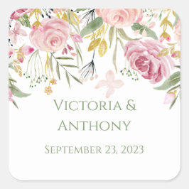 Elegant Pink Floral Typography Wedding Vierkante Sticker