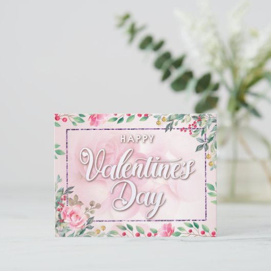 Elegant Pink Floral Valentijnsdag Briefkaart (Staand voorkant)