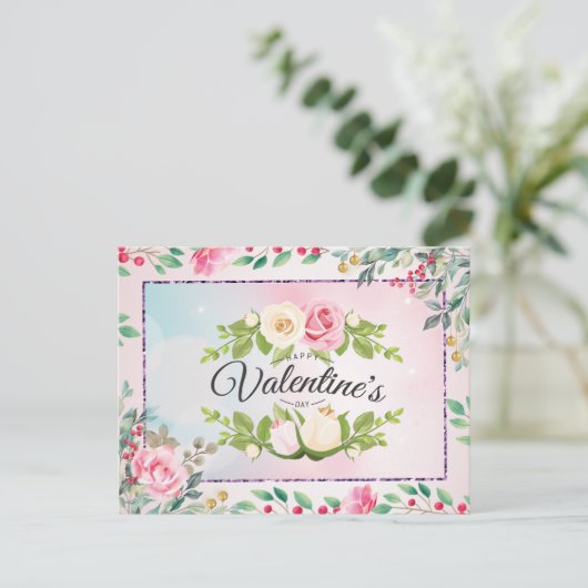Elegant Pink Floral Valentijnsdag Briefkaart (Staand voorkant)