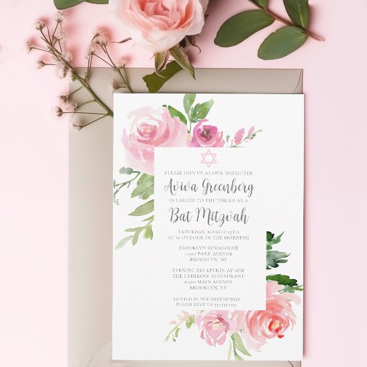 Elegant Pink Floral Watercolor Bat Mitzvah Party Kaart