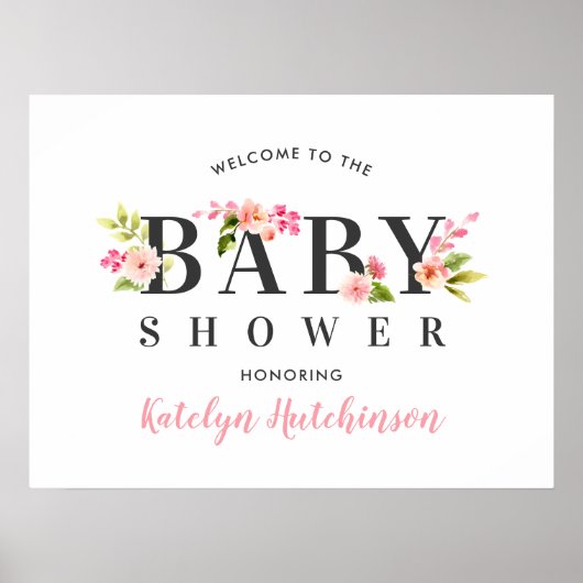 Elegant Pink Floral Waterverf Baby shower Welkom Poster (Voorkant)