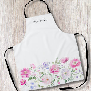 Elegant Pink Floral Waterverf Gepersonaliseerd Schort